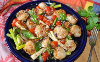 Seared Sesame Scallops with Cherry Tomatoes