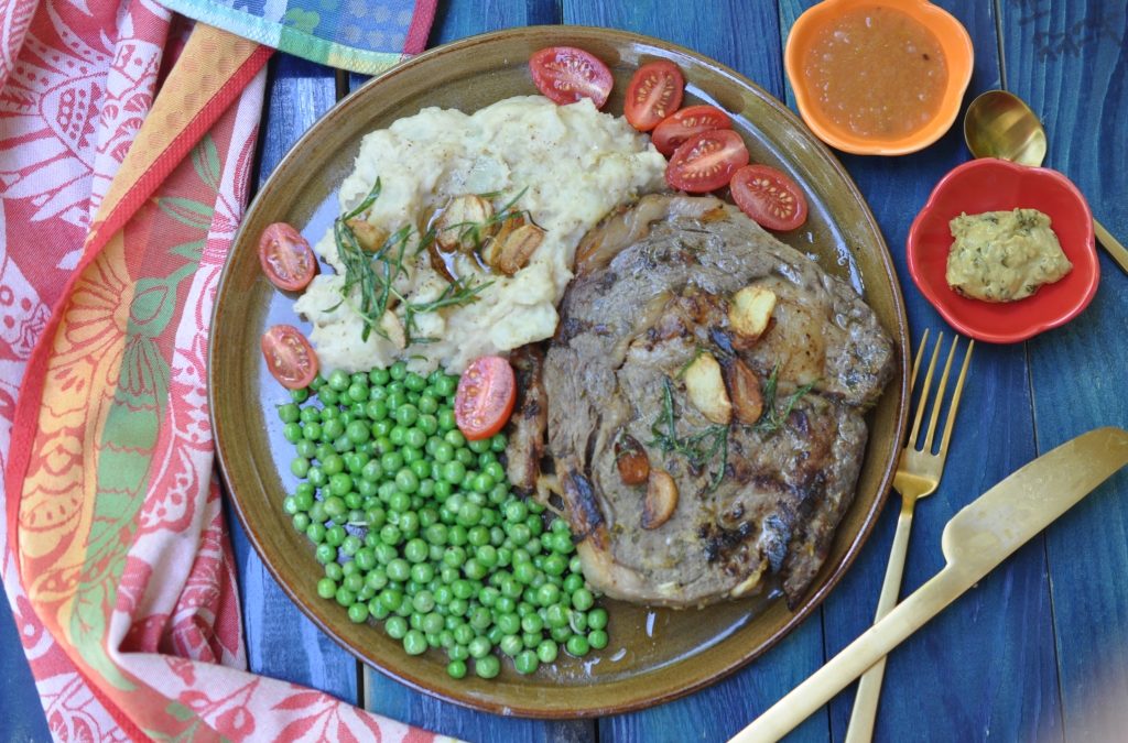 Garlicky Ribeye Steak with Dijon Mustard & Rosemary Leaves