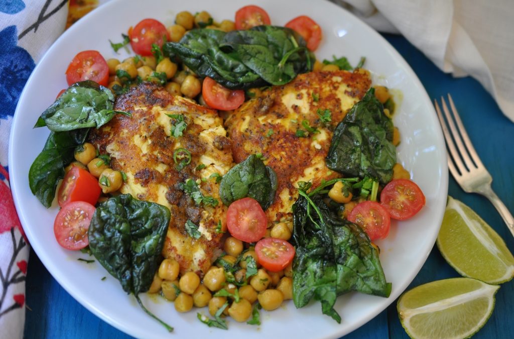 Spicy Chicken Breast with Chickpeas and Crispy Fried Spinach