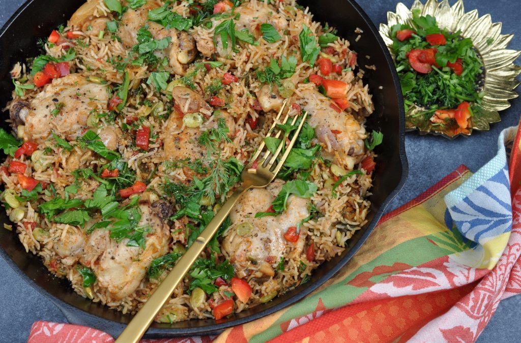 Spicy Chicken Thighs Rice with Edamame Beans, Preserved Lemon, & Herbs