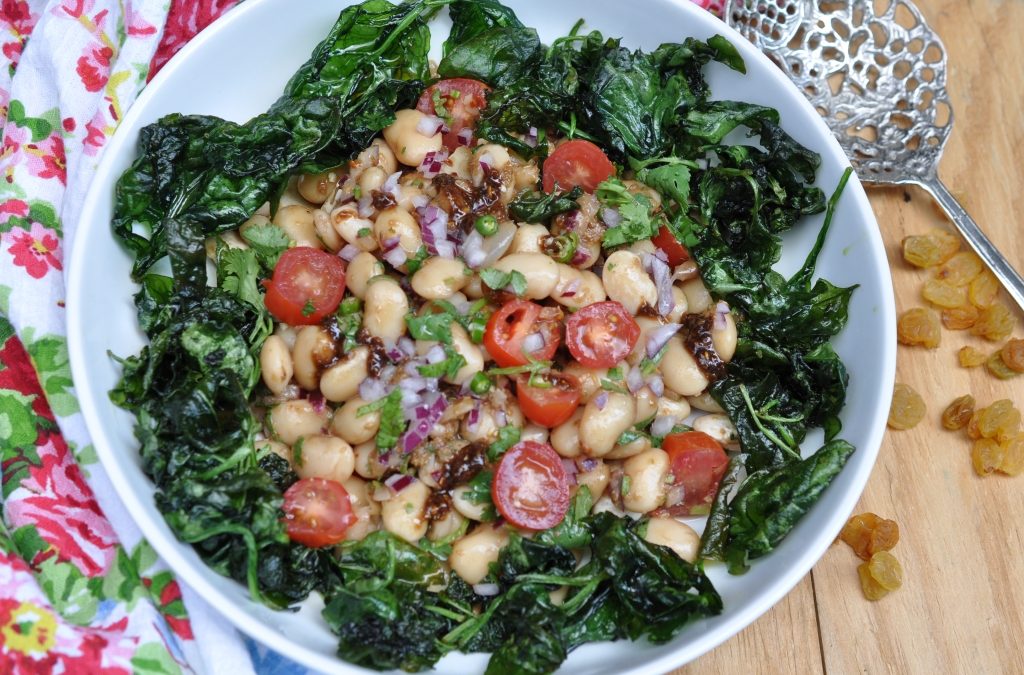 Tangy Spicy White Beans ‘Chaat’ with Crispy Spinach