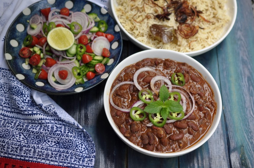 Masala Red Beans with Cumin Rice, Onion, Cucumbers and Tomato Salad