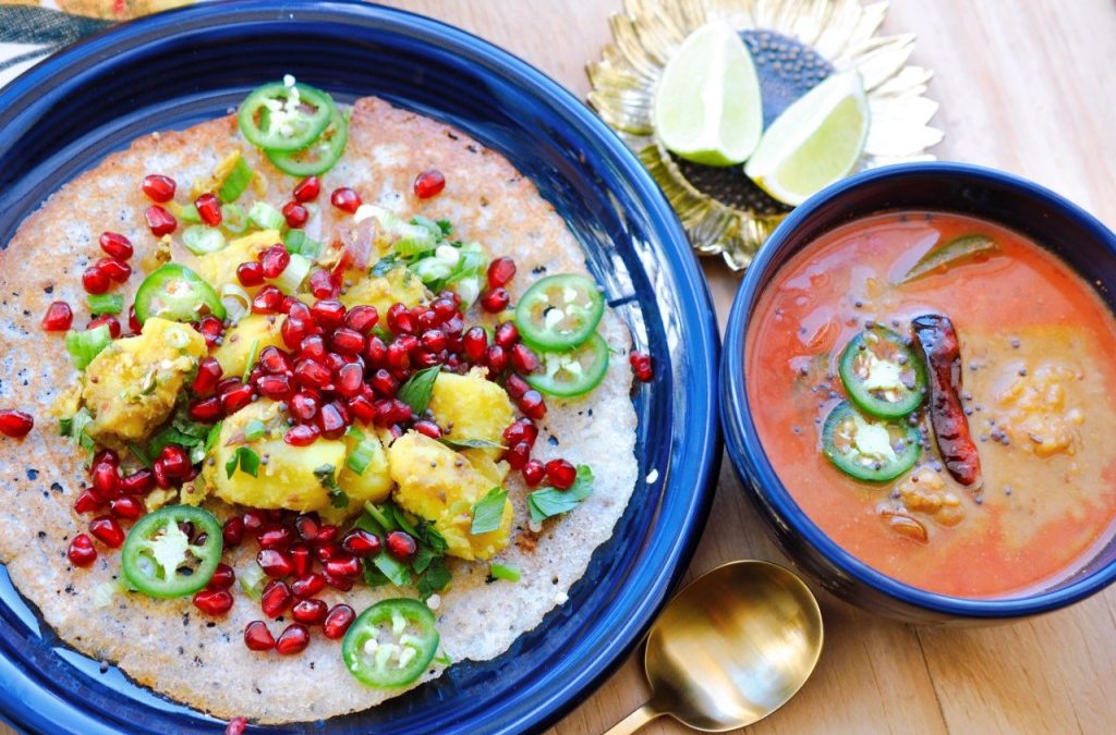 Crispy ‘Dosa’ with Spicy Potato & Pomegranate Seed Filling